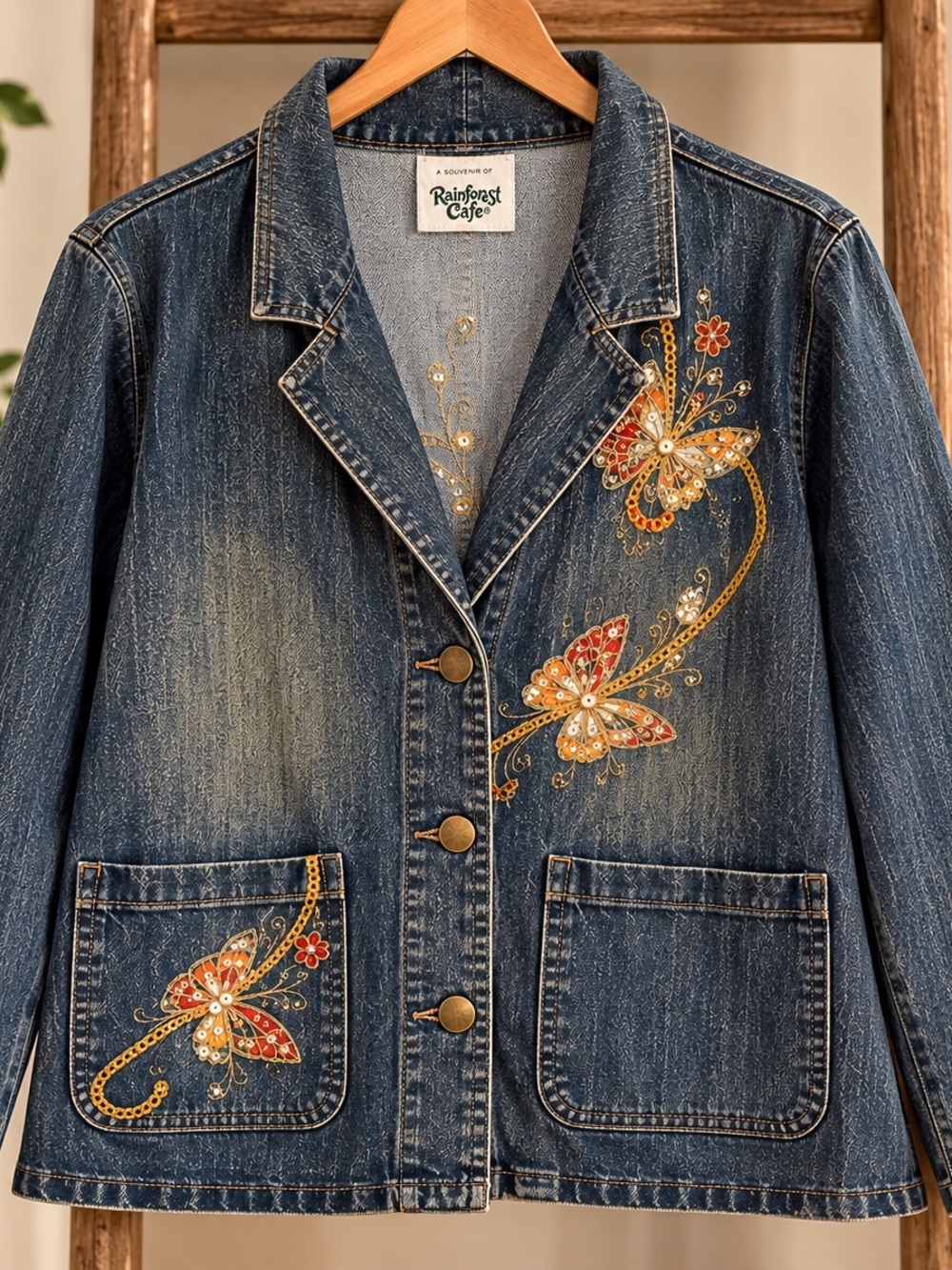 VINTAGE RAINFOREST Women's Embellished Dark Blue Denim Jacket